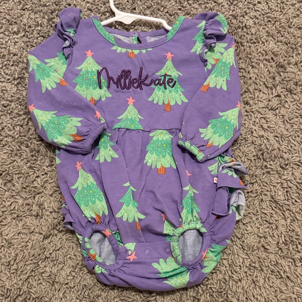 “Millie Kate” - Purple Christmas Tree Kids One Piece - 12 to 18mo